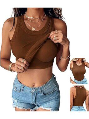 〽️Women Coffee Stretchy Fitted Built in Bra Camisole Sleeveless Ribbed Tank Top